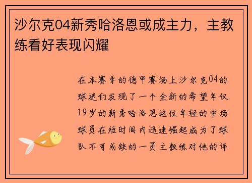 沙尔克04新秀哈洛恩或成主力，主教练看好表现闪耀