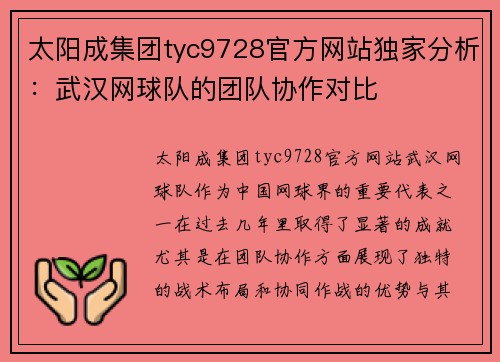 太阳成集团tyc9728官方网站独家分析：武汉网球队的团队协作对比