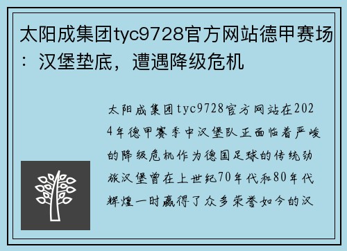 太阳成集团tyc9728官方网站德甲赛场：汉堡垫底，遭遇降级危机
